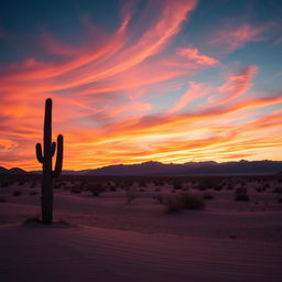 A serene desert landscape under a vibrant evening sky, with wisps of clouds reflecting hues of orange and pink