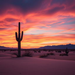 A serene desert landscape under a vibrant evening sky, with wisps of clouds reflecting hues of orange and pink