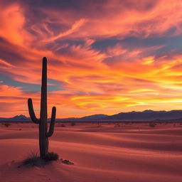 A serene desert landscape under a vibrant evening sky, with wisps of clouds reflecting hues of orange and pink