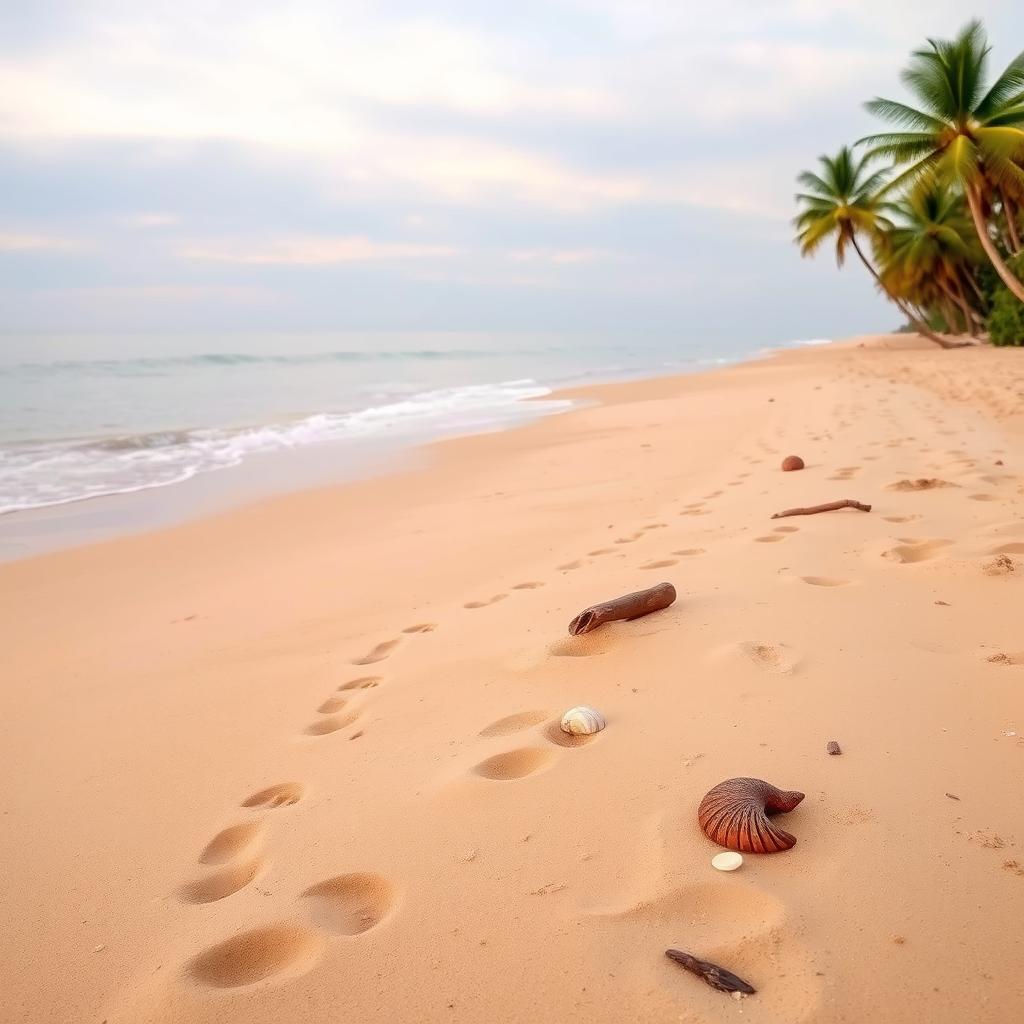 A tranquil beach scene with soft, golden sand stretching along the shoreline