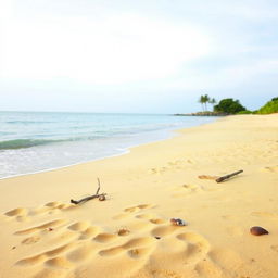 A tranquil beach scene with soft, golden sand stretching along the shoreline