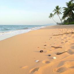 A tranquil beach scene with soft, golden sand stretching along the shoreline