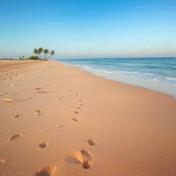 A tranquil beach scene with soft, golden sand stretching along the shoreline