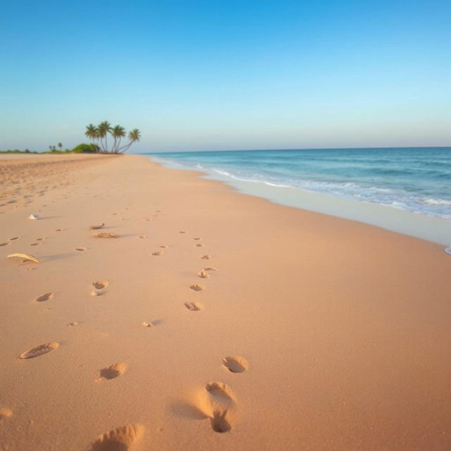 A tranquil beach scene with soft, golden sand stretching along the shoreline