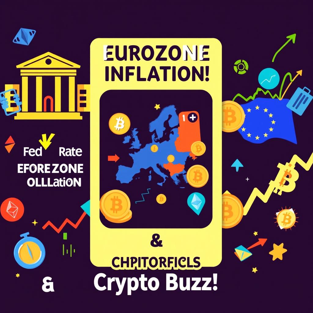 A vibrant and engaging visual representation of key financial topics: 'Fed Rate Cut, Eurozone Inflation & Crypto Buzz!'