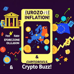 A vibrant and engaging visual representation of key financial topics: 'Fed Rate Cut, Eurozone Inflation & Crypto Buzz!'