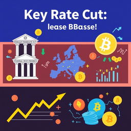 A vibrant and engaging visual representation of key financial topics: 'Fed Rate Cut, Eurozone Inflation & Crypto Buzz!'