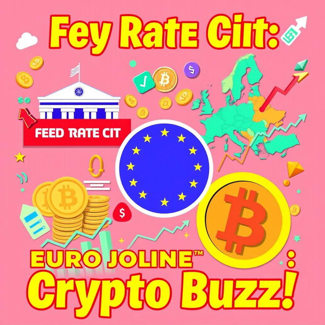 A vibrant and engaging visual representation of key financial topics: 'Fed Rate Cut, Eurozone Inflation & Crypto Buzz!'