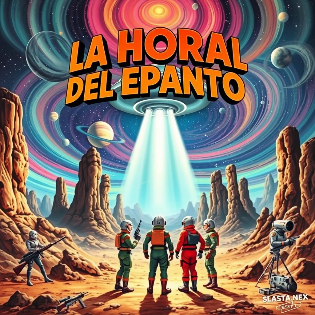 A 1950s sci-fi movie poster featuring the title "LA HORA DEL ESPANTO" in bold, retro typography