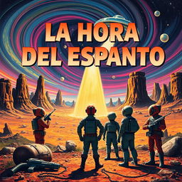 A 1950s sci-fi movie poster featuring the title "LA HORA DEL ESPANTO" in bold, retro typography