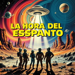 A 1950s sci-fi movie poster featuring the title "LA HORA DEL ESPANTO" in bold, retro typography