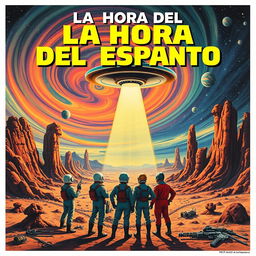 A 1950s sci-fi movie poster featuring the title "LA HORA DEL ESPANTO" in bold, retro typography