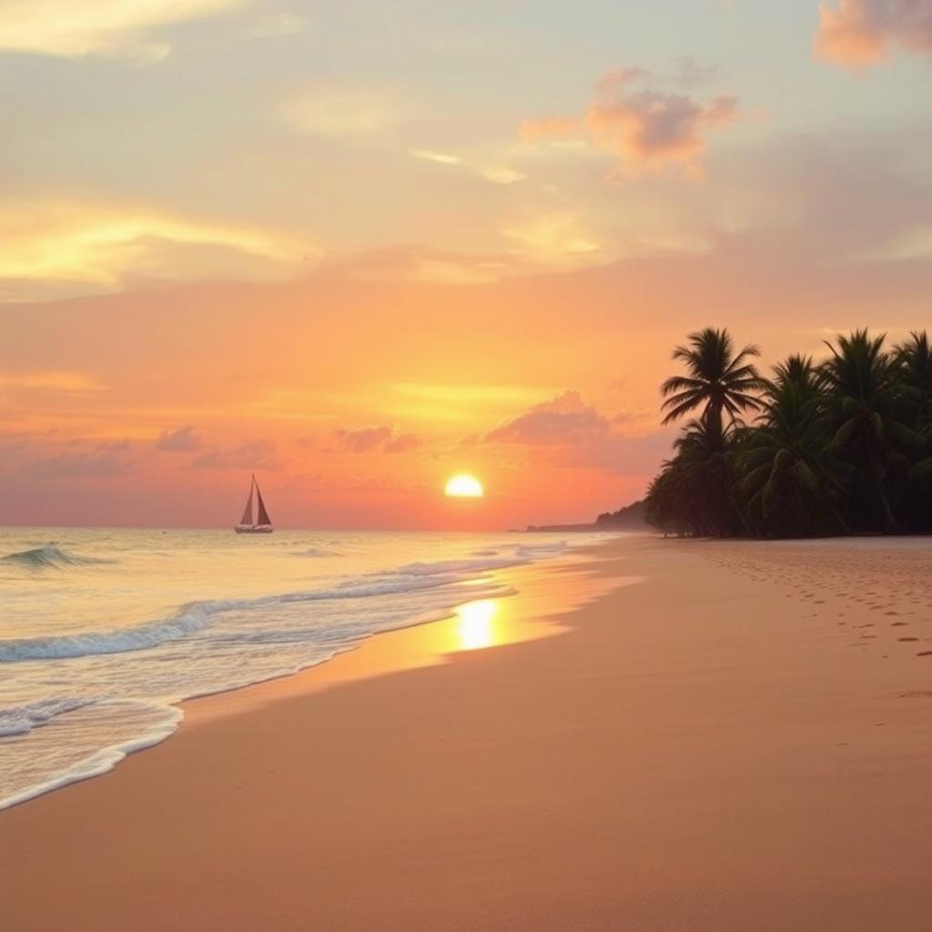 A stunning beach scene with fine, golden sand stretching endlessly along the coast