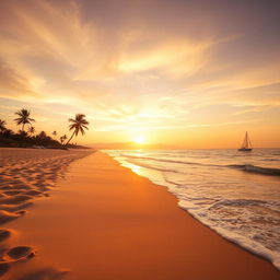 A stunning beach scene with fine, golden sand stretching endlessly along the coast