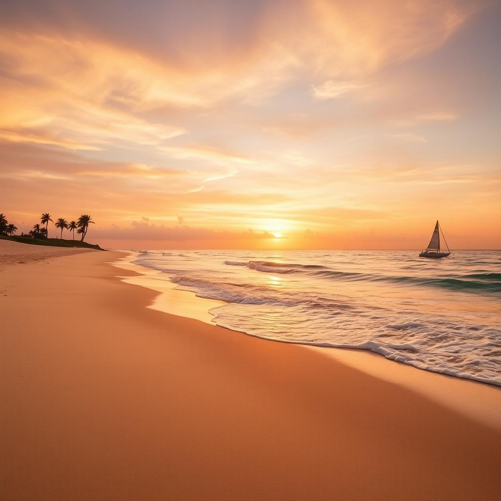 A stunning beach scene with fine, golden sand stretching endlessly along the coast