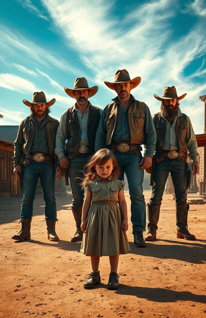 A gritty and dramatic scene depicting a group of four rugged cowboys, embodying a sense of authority and desperation, standing confidently in the middle of a dusty village