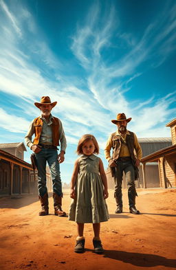 A gritty and dramatic scene depicting a group of four rugged cowboys, embodying a sense of authority and desperation, standing confidently in the middle of a dusty village