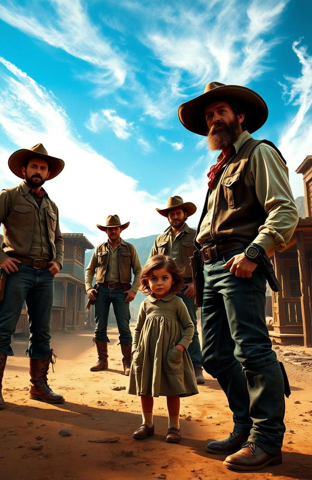 A gritty and dramatic scene depicting a group of four rugged cowboys, embodying a sense of authority and desperation, standing confidently in the middle of a dusty village