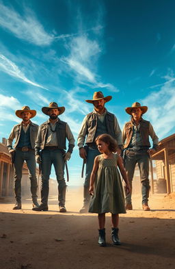 A gritty and dramatic scene depicting a group of four rugged cowboys, embodying a sense of authority and desperation, standing confidently in the middle of a dusty village