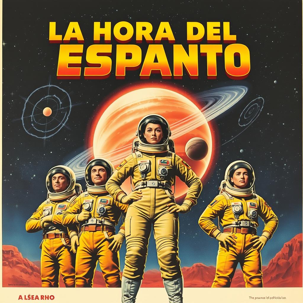 Retro sci-fi movie poster titled "LA HORA DEL ESPANTO," capturing the essence of 1950s science fiction cinema