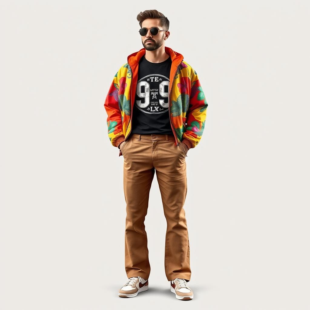 A stylish and trendy men's outfit design for a 47-year-old, expertly blending fashion elements from the 70s, 80s, and 90s