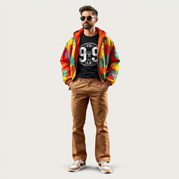 A stylish and trendy men's outfit design for a 47-year-old, expertly blending fashion elements from the 70s, 80s, and 90s