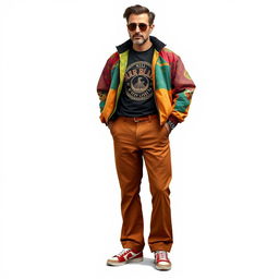 A stylish and trendy men's outfit design for a 47-year-old, expertly blending fashion elements from the 70s, 80s, and 90s