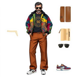 A stylish and trendy men's outfit design for a 47-year-old, expertly blending fashion elements from the 70s, 80s, and 90s