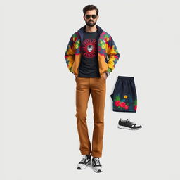 A stylish and trendy men's outfit design for a 47-year-old, expertly blending fashion elements from the 70s, 80s, and 90s