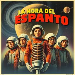 Retro sci-fi movie poster titled "LA HORA DEL ESPANTO," capturing the essence of 1950s science fiction cinema