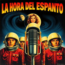 Retro sci-fi movie poster titled "LA HORA DEL ESPANTO," capturing the essence of 1950s science fiction cinema