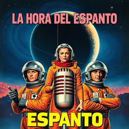 Retro sci-fi movie poster titled "LA HORA DEL ESPANTO," capturing the essence of 1950s science fiction cinema