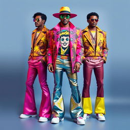 An eye-catching and extravagant men's outfit design for a 47-year-old, creatively blending elements from the 70s, 80s, and 90s fashion eras