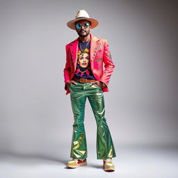 An eye-catching and extravagant men's outfit design for a 47-year-old, creatively blending elements from the 70s, 80s, and 90s fashion eras