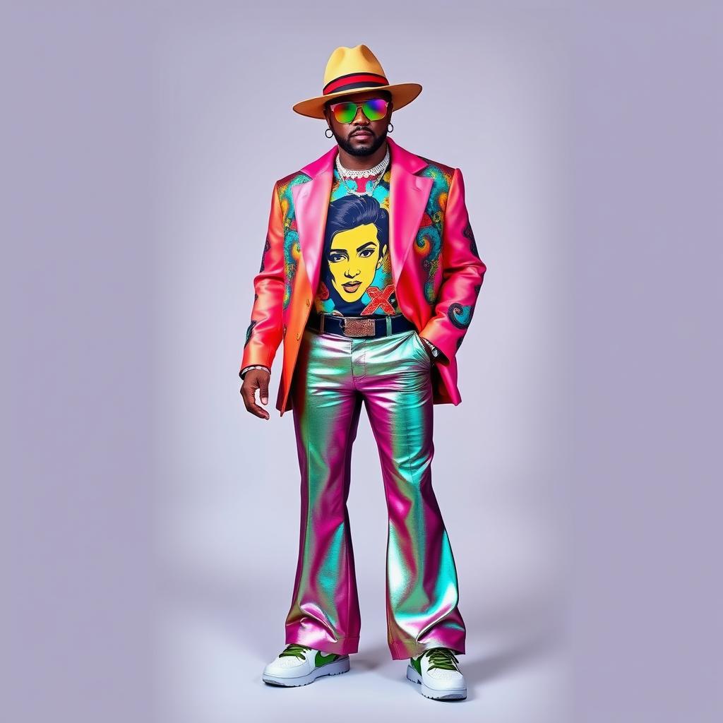 An eye-catching and extravagant men's outfit design for a 47-year-old, creatively blending elements from the 70s, 80s, and 90s fashion eras