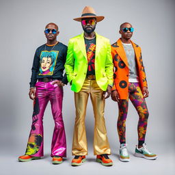 An eye-catching and extravagant men's outfit design for a 47-year-old, creatively blending elements from the 70s, 80s, and 90s fashion eras