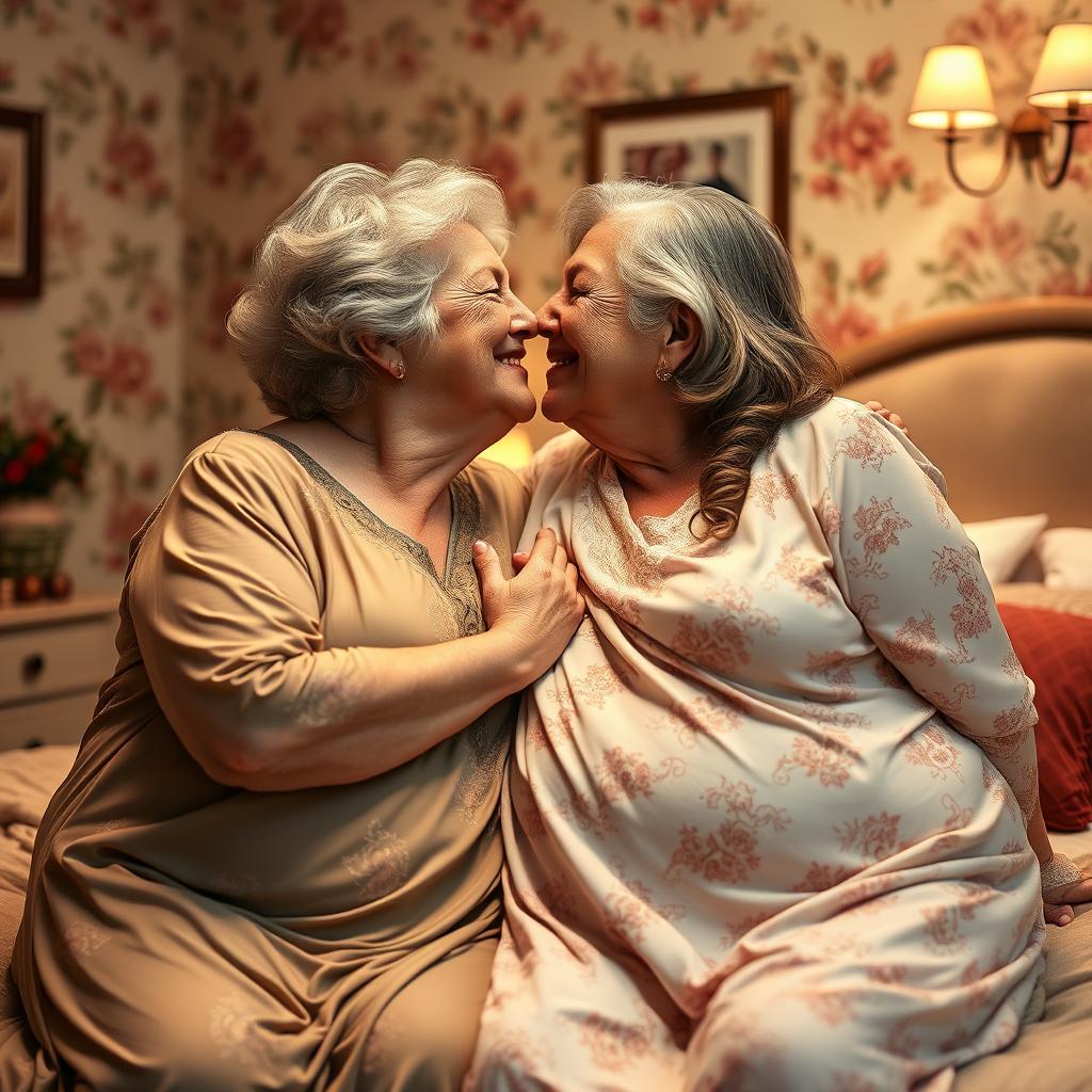 A warm and affectionate scene of two beautiful, very full-figured 70-year-old aunties sharing a loving kiss in a cozy bedroom