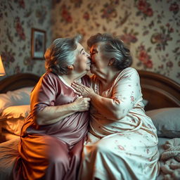 A warm and affectionate scene of two beautiful, very full-figured 70-year-old aunties sharing a loving kiss in a cozy bedroom