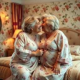 A warm and affectionate scene of two beautiful, very full-figured 70-year-old aunties sharing a loving kiss in a cozy bedroom