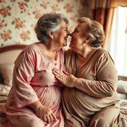 A warm and affectionate scene of two beautiful, very full-figured 70-year-old aunties sharing a loving kiss in a cozy bedroom