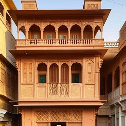 A 20 marla Indian-style house, showcasing rich architectural details such as jaali screens, ornate balconies, and sloping tiled roofs with vibrant colors.