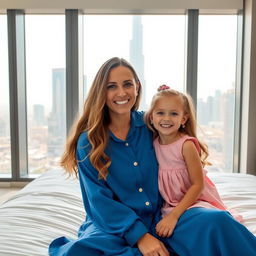 A smiling woman with long, wavy hair sits on a bed with a cheerful small girl wearing a pink dress