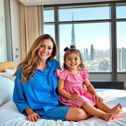 A smiling woman with long, wavy hair sits on a bed with a cheerful small girl wearing a pink dress