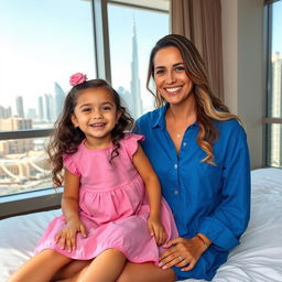 A smiling woman with long, wavy hair sits on a bed with a cheerful small girl wearing a pink dress