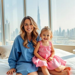 A smiling woman with long, wavy hair sits on a bed with a cheerful small girl wearing a pink dress