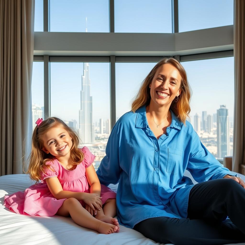 A smiling woman with long, wavy hair sits on a bed next to a cheerful small girl in a pink dress