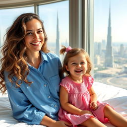 A smiling woman with long, wavy hair sits on a bed next to a cheerful small girl in a pink dress