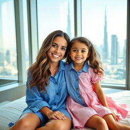 A smiling woman with long, wavy hair sits on a bed next to a cheerful small girl in a pink dress