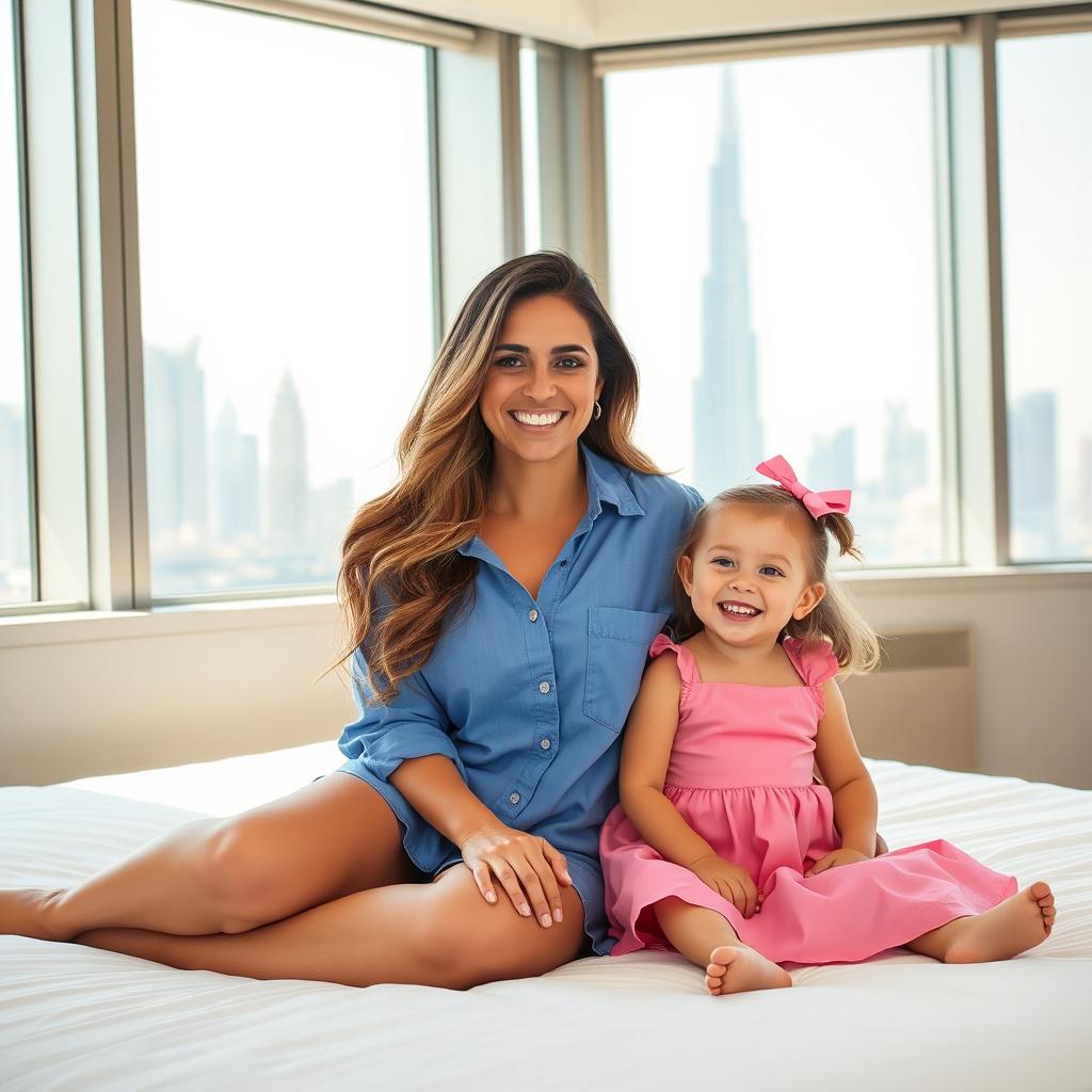 A smiling woman with long, wavy hair sitting on a bed alongside a cheerful small girl dressed in a pink dress