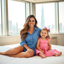 A smiling woman with long, wavy hair sitting on a bed alongside a cheerful small girl dressed in a pink dress